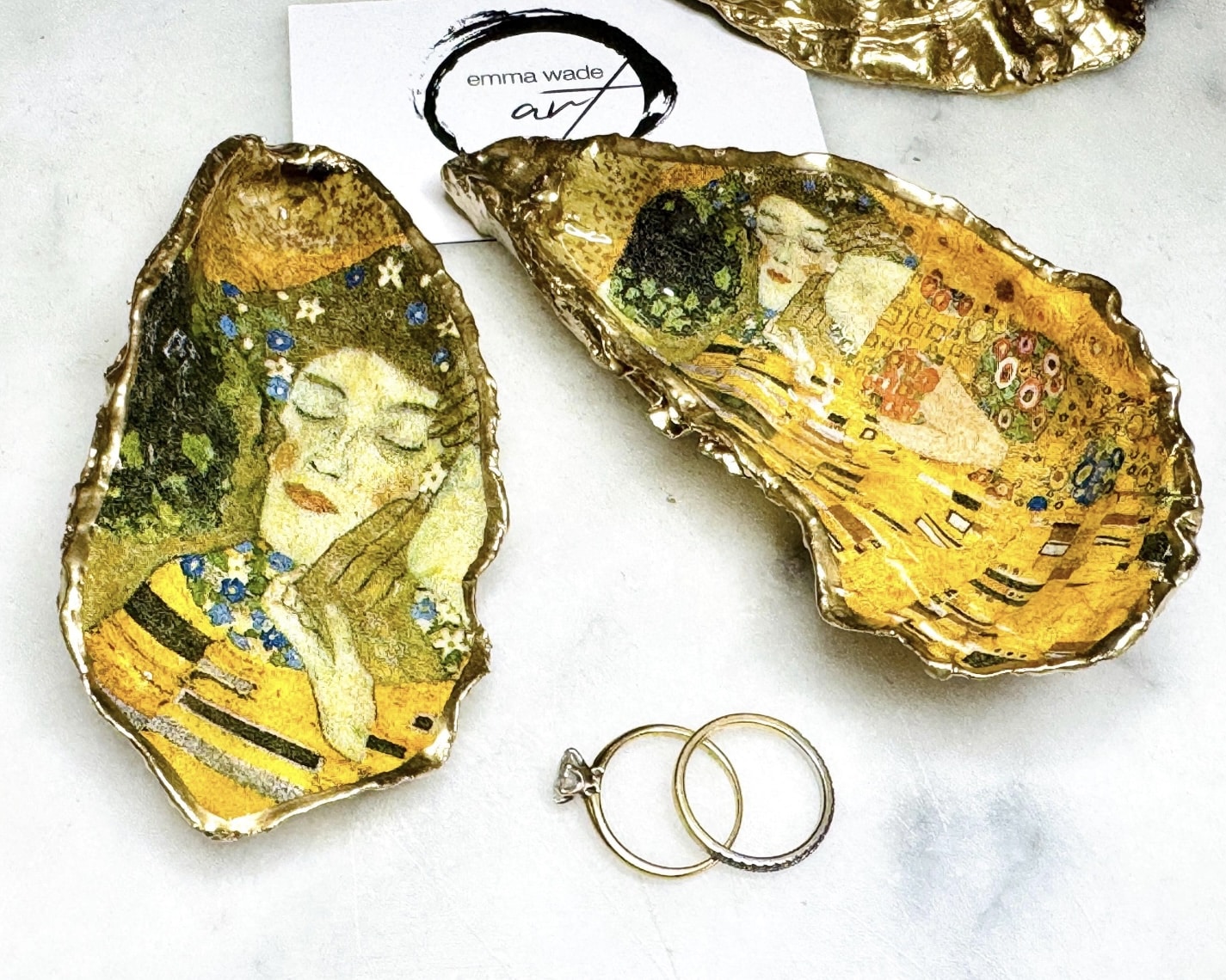 Gustav Klimt ‘The Kiss’ inspired hand-gilded oyster shell trinket dishes by Emma Wade Art