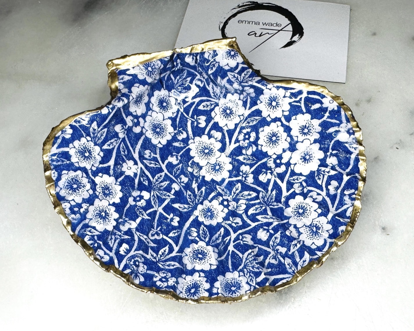 Blue floral hand-gilded scallop shell trinket dish by Emma Wade Art