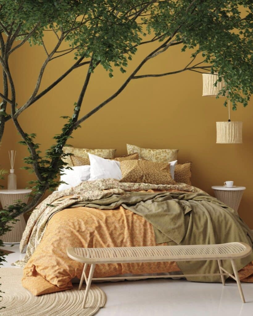 Mustard colour bedroom with leafy greenery, rattan bench and layered ochre and olive bedding