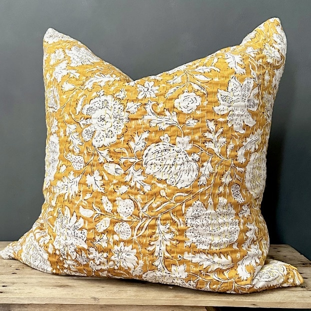 Mustard yellow floral block print cushion