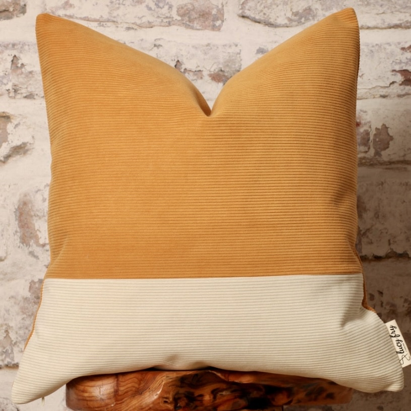 Colour block corduroy cushion cover in mustard and cream