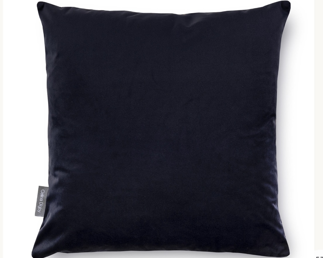 Navy blue velvet cushion paired with burnt orange cushions on a sofa
