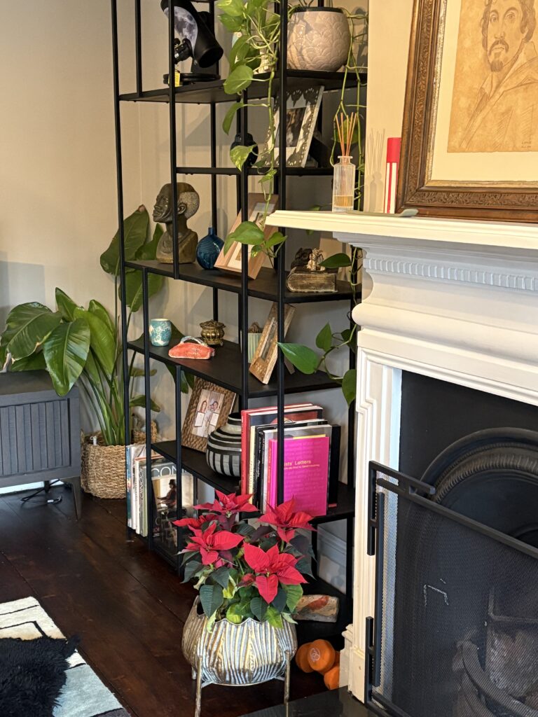 Slim black metal bookcase from 4Living styled with plants, ceramics and books beside a white fireplace in a black and cream living room.