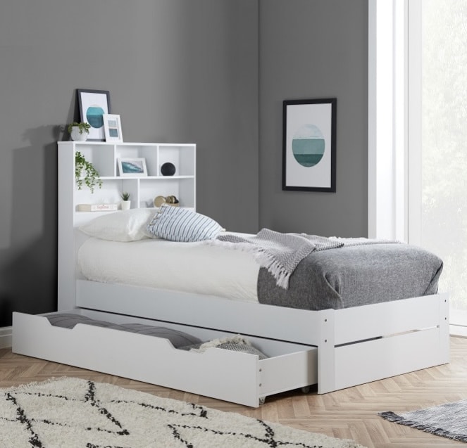 Small bedroom ideas: Birlea Alfie Storage Bed White from 4Living with under-bed drawer storage and headboard shelving
