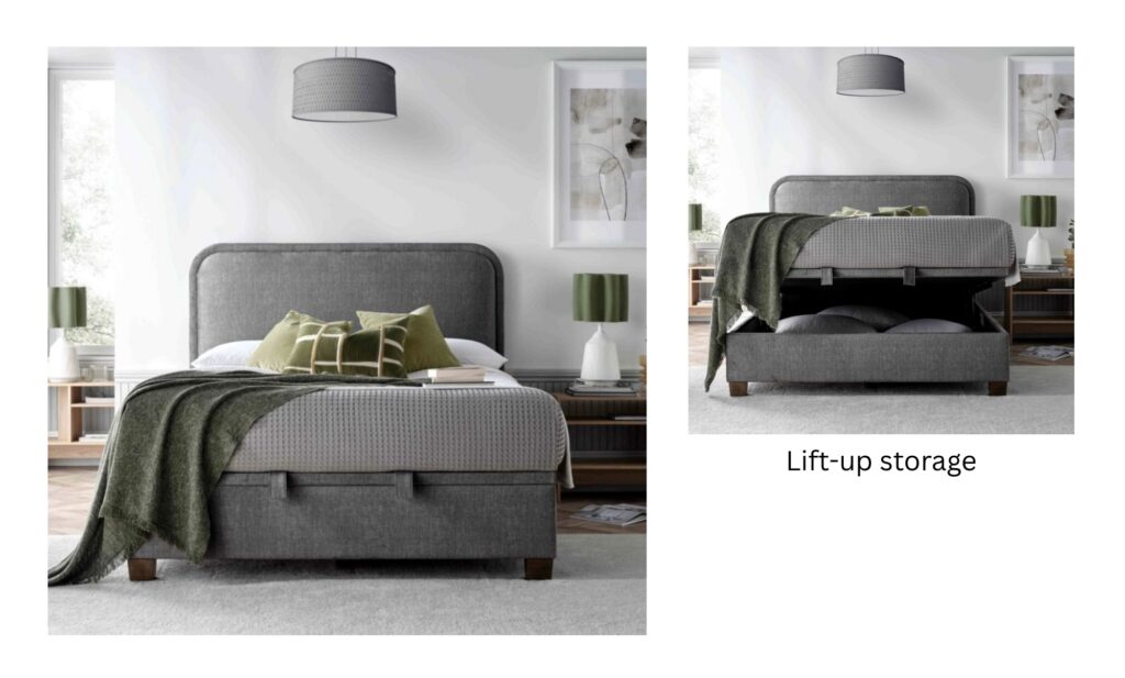 Grey lift-up ottoman storage bed with under-bed storage — Kaydian Appleton TV Media Ottoman Bed from 4Living (small bedroom storage idea).
