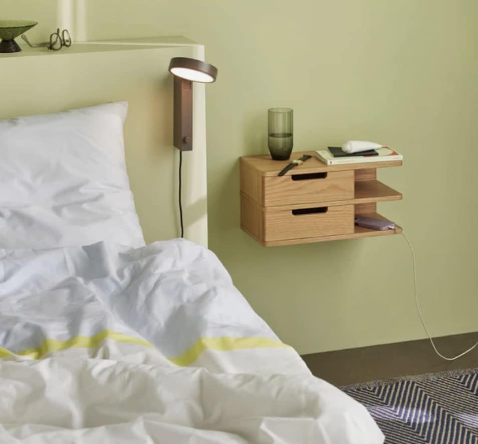 Wall-mounted floating bedside shelf with drawer in oak — Hübsch Open Wall Shelf / Bedside Table from Holloways of Ludlow (small bedroom bedside storage).
