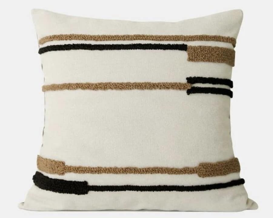 Oat cushion with black and tan bouclé lines — Linea Contrast Embroidered Cushion