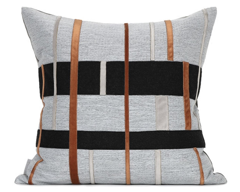 Stone cushion with slim black and terracotta ribbon stripes — Orange Stripe Geometric Cushion