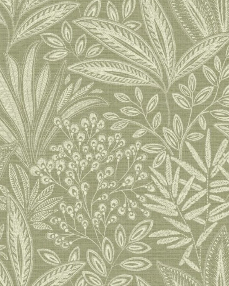 Crown Sahara Leaf Fern wallpaper in green with a layered botanical leaf pattern