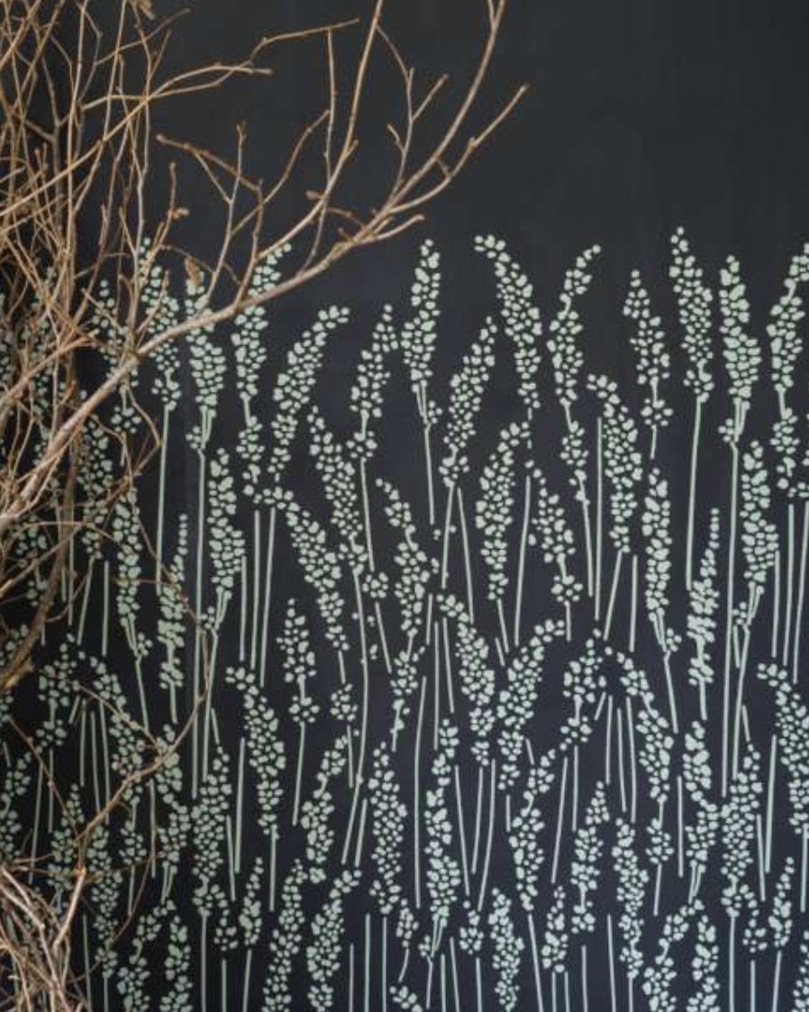 Farrow & Ball Feather Grass wallpaper with delicate botanical stems on a dark background