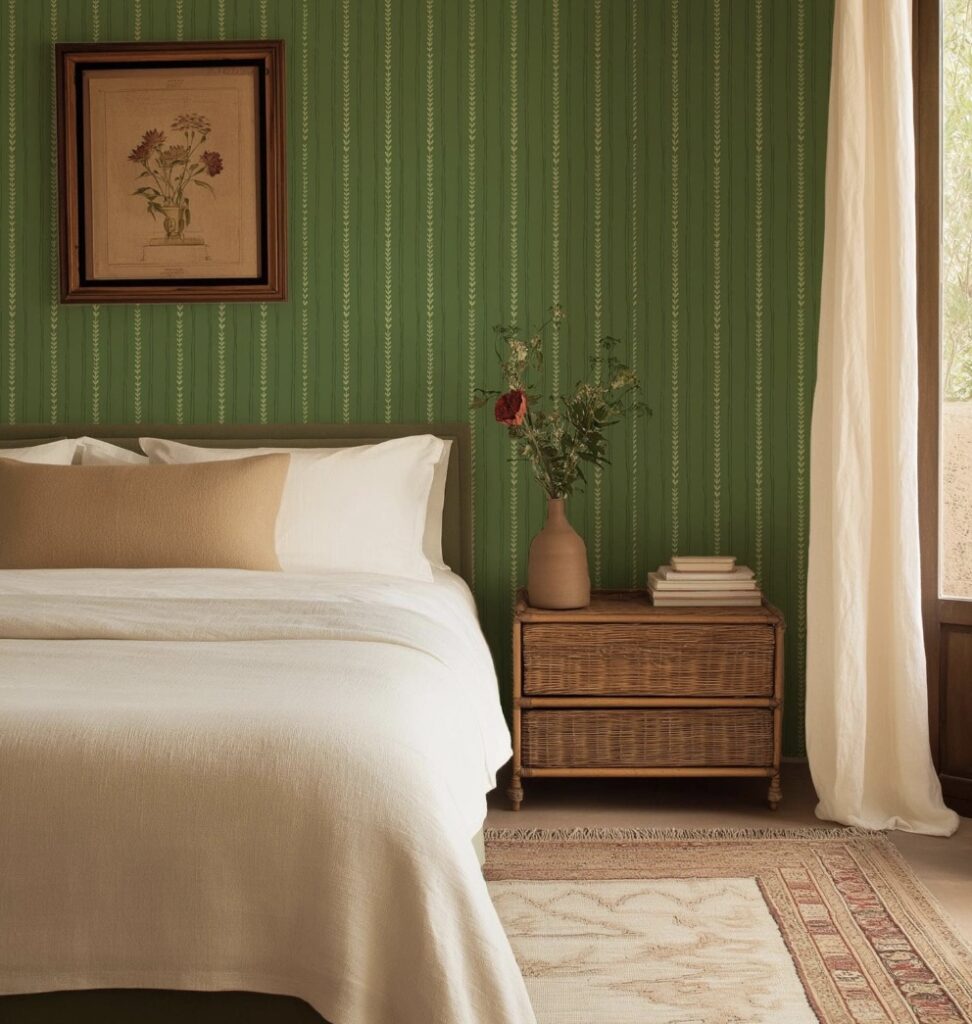 Green stripe bedroom wallpaper behind a beige and cream bed with warm wood bedside table – green and beige bedroom look with striped wallpaper.