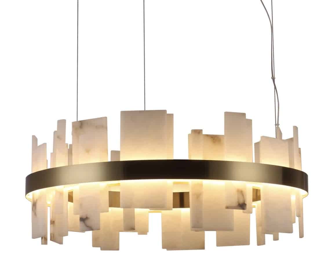 Modern statement chandelier with marble-like panels and warm glow