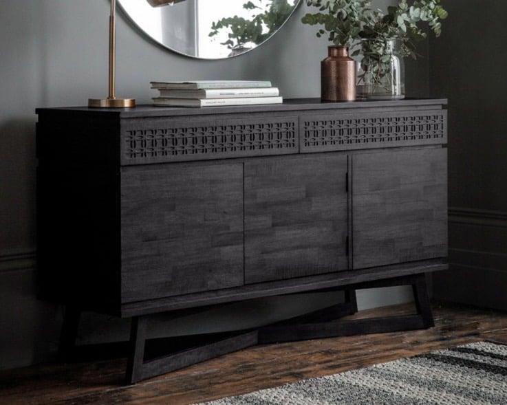 Black wood sideboard styling for a black living room, black living room ideas