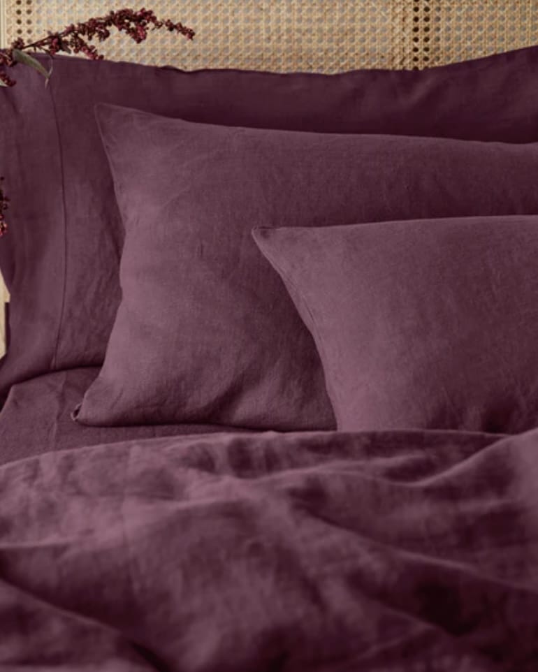 Berry linen bedding for chic boho bedroom ideas with dramatic colour