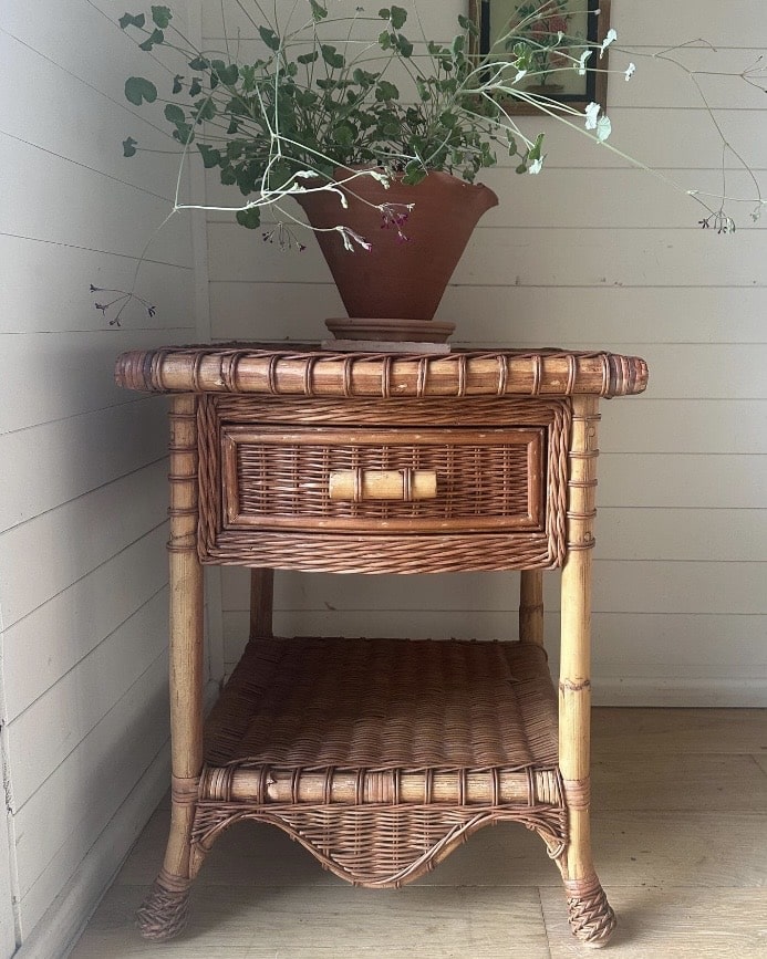 Vintage rattan bamboo bedside table with drawer and shelf for cottage bedroom storage