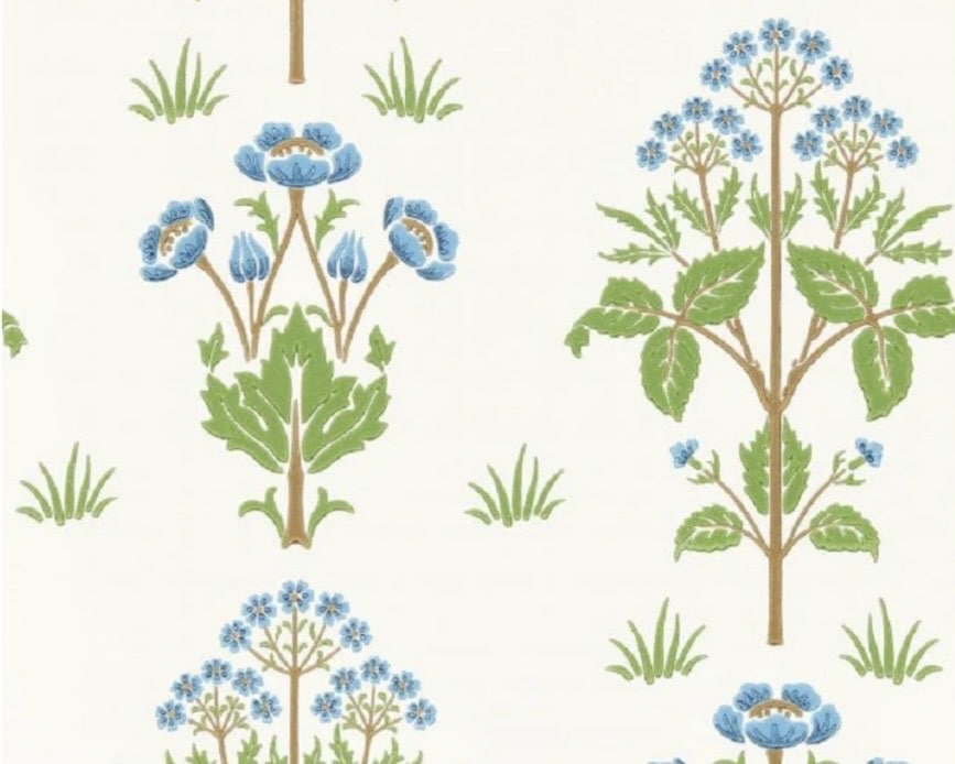 Morris & Co Meadow Sweet wallpaper in cobalt and grass green