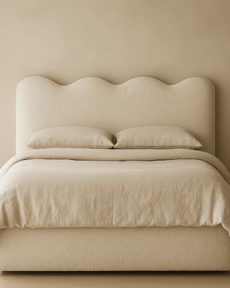 Cream boucle bed with scalloped headboard