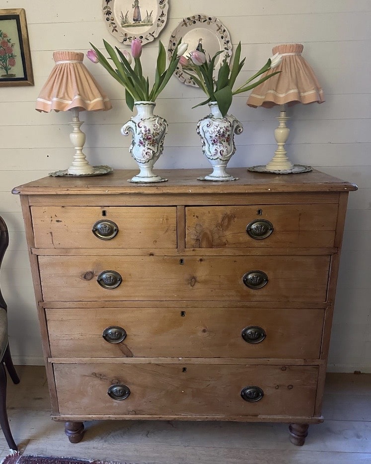 Antique pine chest of drawers in warm honey wood with classic drawer pulls