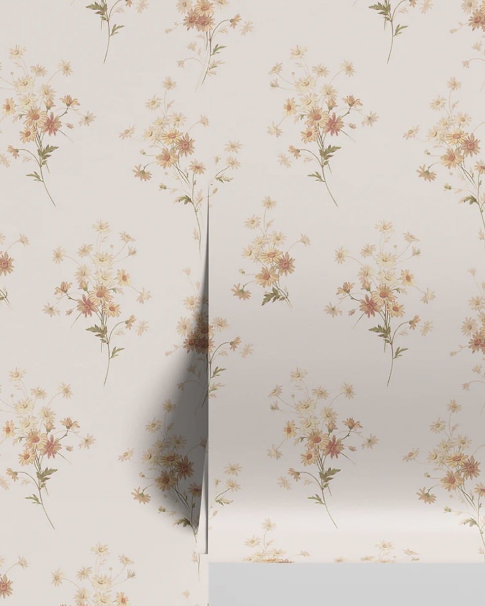 Cream floral wallpaper with small blush daisy sprigs