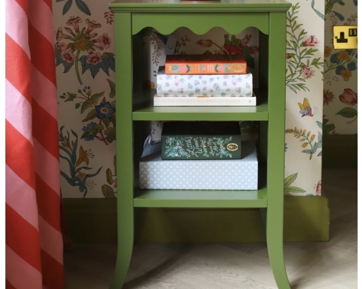 Green painted bedside table for cottage bedroom storage with open shelf
