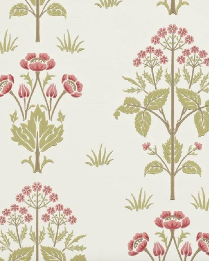 Morris-style wallpaper with rose pink flowers and soft green leaves