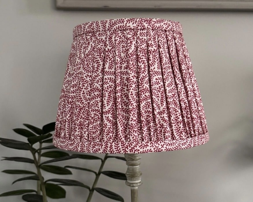 Gathered French drum lampshade in coral print for cottage style bedroom