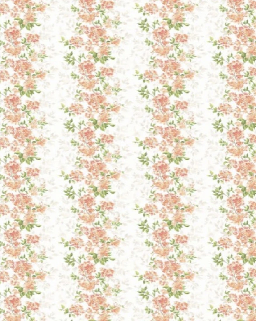 Pink floral wallpaper with delicate blossom stripes for a cottage bedroom