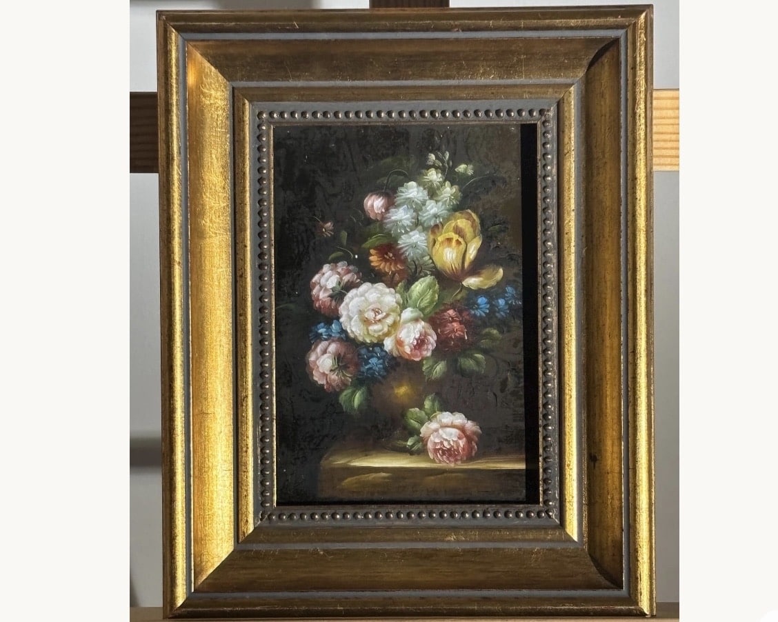 Antique floral still life oil painting in gilt frame for cottage bedroom wall