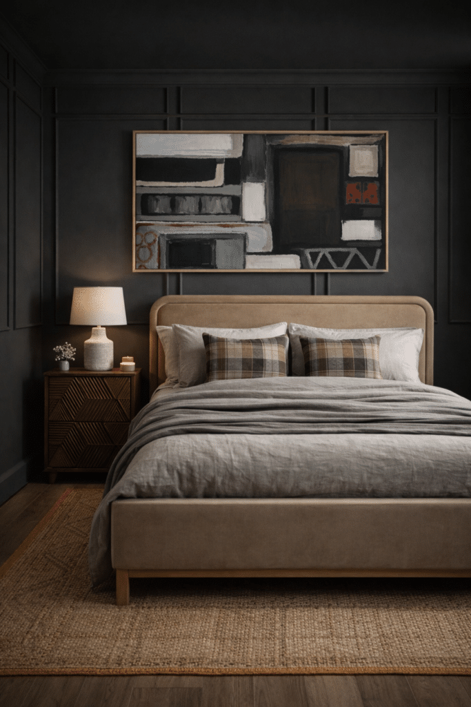 Artisan Haus AI visualisation: grey bedroom ideas with a charcoal panelled wall, beige velvet bed, soft grey bedding, check cushions, a textured table lamp and a jute rug.