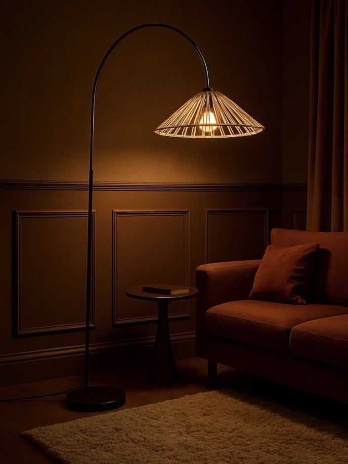 Cosy evening living room lighting created by a black arch floor lamp with rattan shade in a beige sofa living room