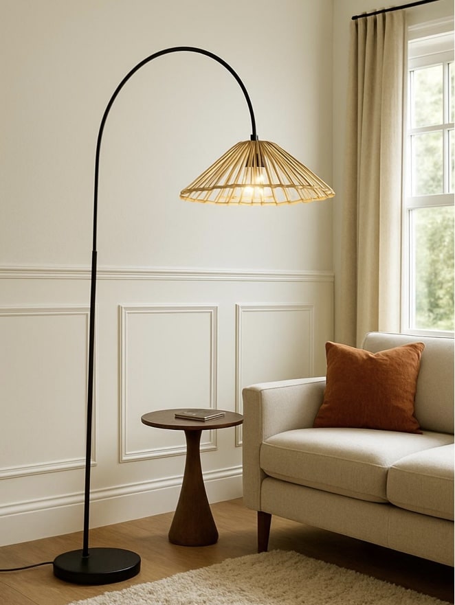 Living room lighting with no overhead light using a black arch floor lamp with rattan teardrop shade beside a beige sofa living room
