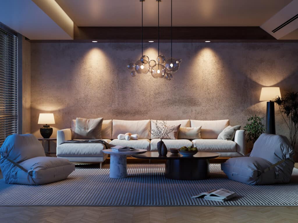 Living room recessed lighting with warm spotlights washing the wall, pendant ceiling light and table lamps creating cosy evening ambience.