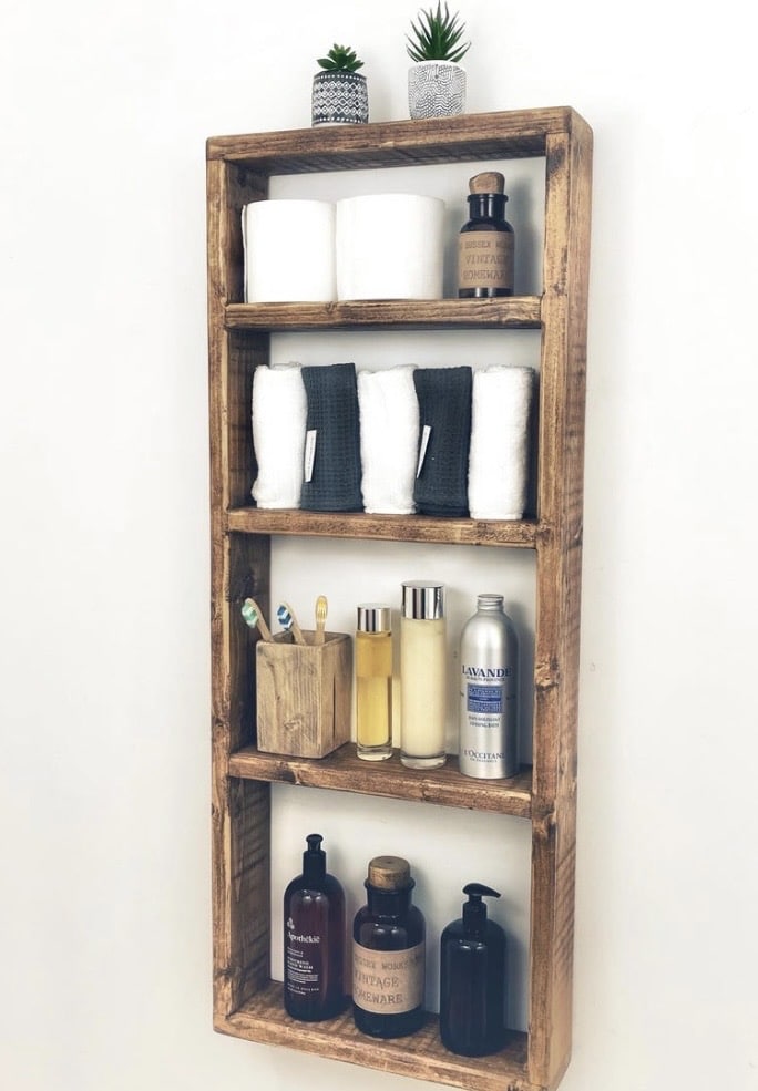 Wall-mounted rustic wooden bathroom shelf unit