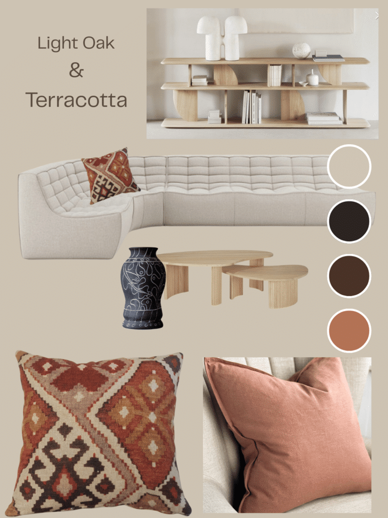 Light oak and terracotta moodboard featuring a cream sectional sofa with an orange patterned cushion, pale oak shelving and nesting tables, a black ceramic vase, and two terracotta/orange cushions with coordinating neutral and charcoal colour swatches.