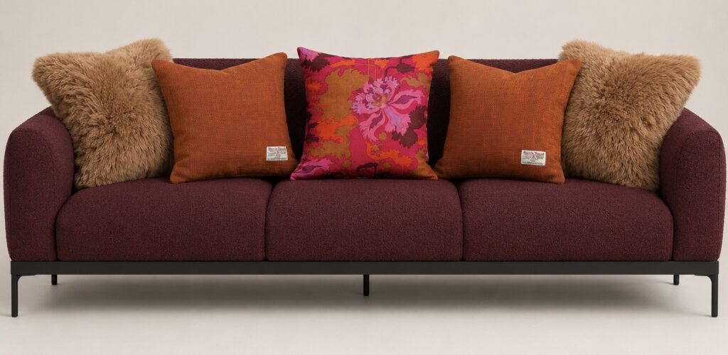Burgundy boucle sofa styled with caramel faux-fur cushions, burnt orange Harris Tweed cushions and a vibrant pink-and-orange floral cushion in a warm retro-inspired living room setting.