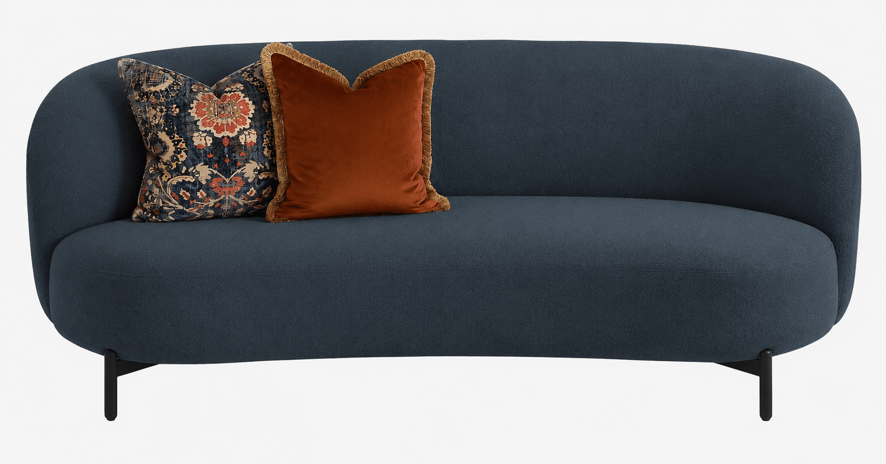 Orange pattern cushions blue sofa