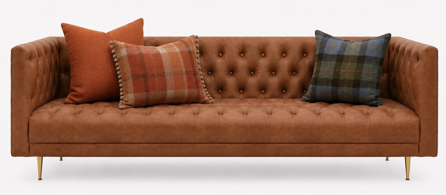 Cognac leather sofa styled with orange and tartan cushions
