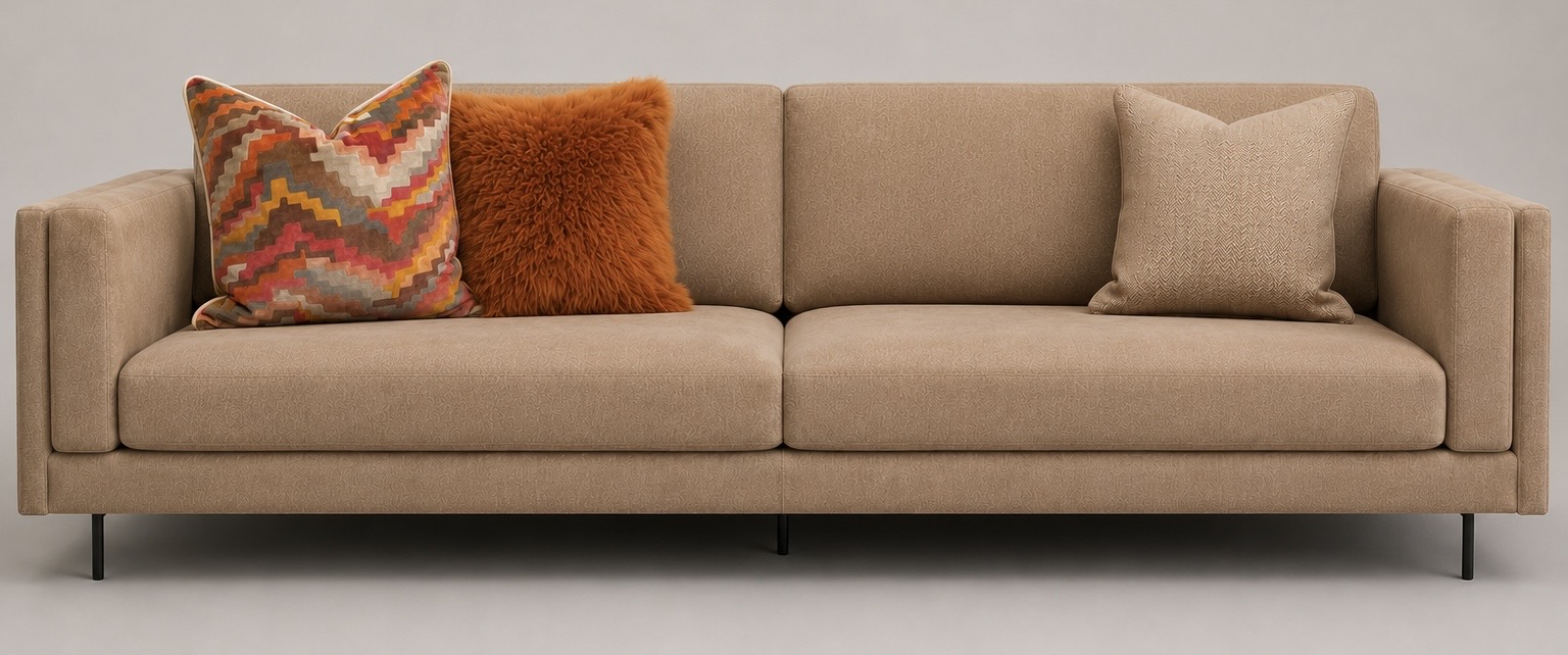Beige sofa styled with orange, zig-zag and neutral cushions