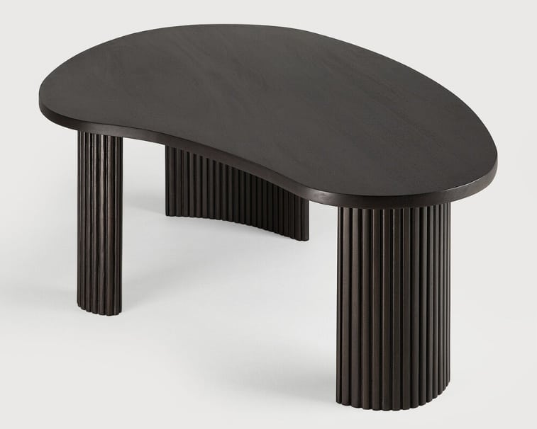 Curved dark wood coffee table to soften a small living room layout