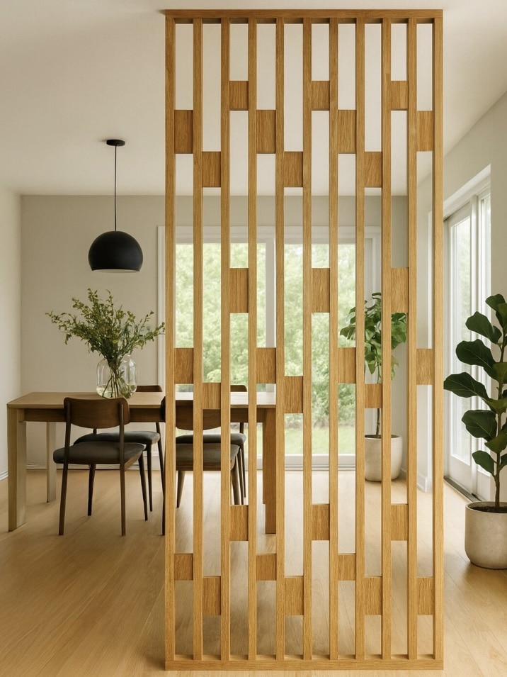 Oak slatted room divider for zoning an open-plan living room
