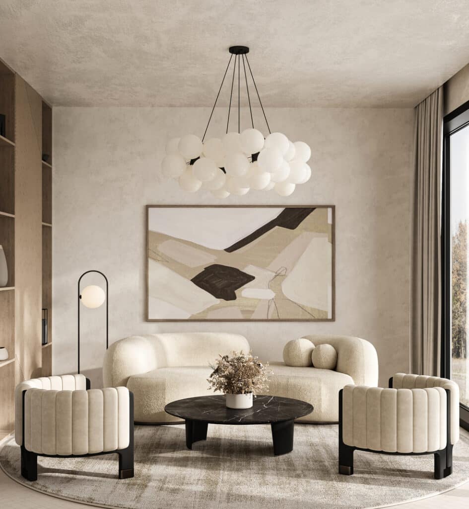 Beige sofa living room with a statement pendant light and a floor lamp creating layered lighting.