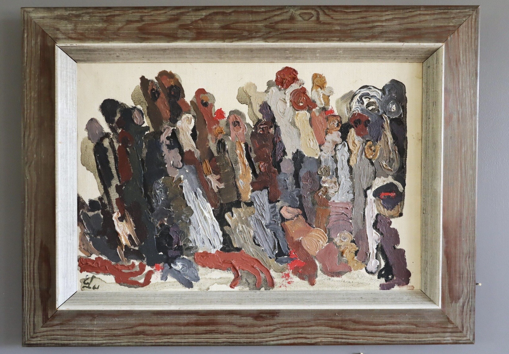 Vintage abstract figurative oil painting — 'Procession of Shadows' framed wall art