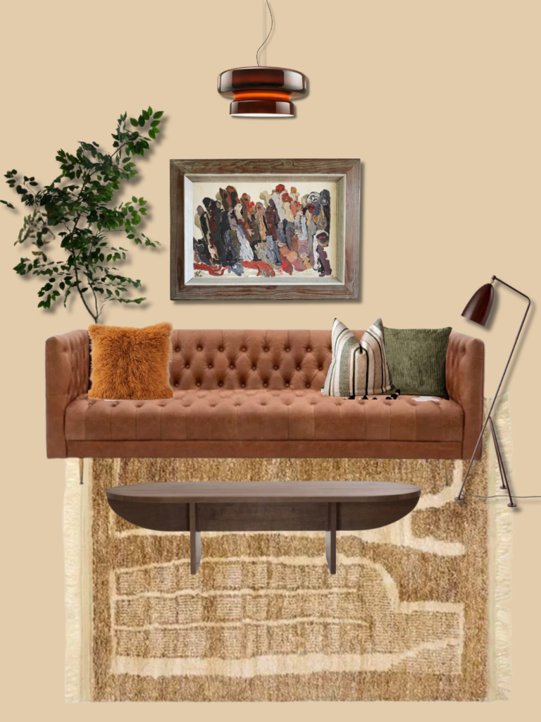 Tan leather chesterfield sofa styled with a jute abstract rug, dark walnut oval coffee table, amber pendant light and Grasshopper floor lamp — warm neutral living room mood board