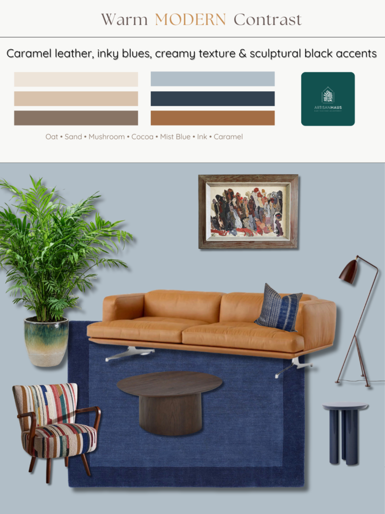 Warm modern contrast tan leather sofa living room mood board — caramel leather sofa on indigo navy rug, striped accent chair, dark oak round coffee table, Grasshopper floor lamp and teal glazed plant pot against a mist blue wall