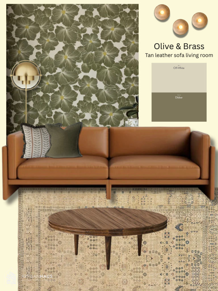 Olive and brass tan leather sofa living room mood board — botanical wallpaper, dark walnut coffee table, Persian rug and sage green cushions with Farrow and Ball Dibber and Off-White paint palette