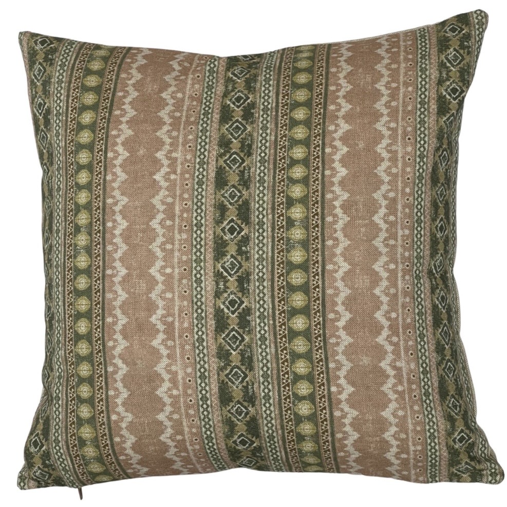 Olive and taupe kilim stripe cushion — gentle pattern that flatters tan leather