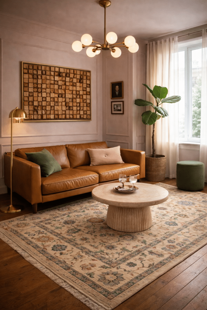 Artisan Haus visualisation: soft pink- and nude-toned hand-knotted rug on timber floor — tan leather sofa living room ideas.