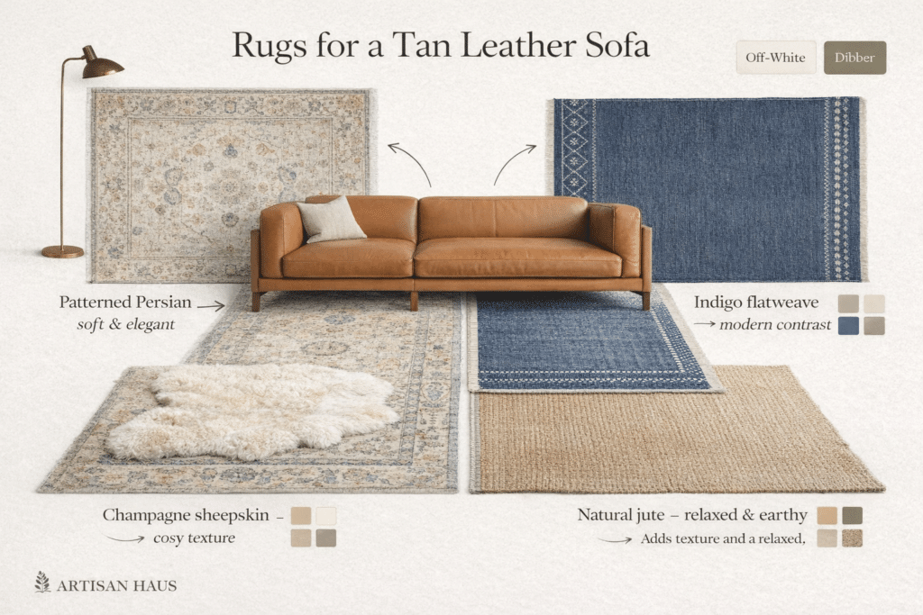 Tan leather sofa living room ideas — rug guide with four options: patterned Persian, indigo flatweave, champagne sheepskin layer and natural jute around a caramel sofa.