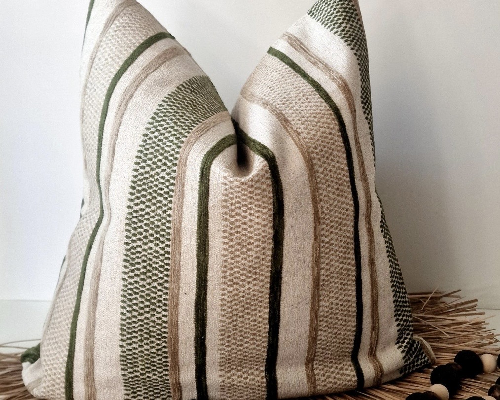 Green & beige striped linen cushion cover — artisan Etsy find