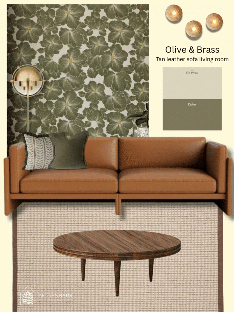 Tan leather sofa living room olive 1